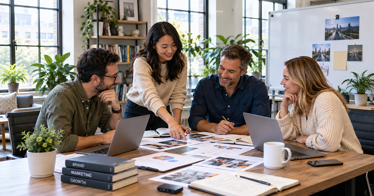 Small business team collaborating around a table to align brand visuals, messaging, and strategy.