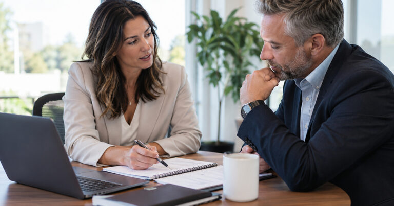 Business consultant meeting with a prospective client to discuss needs, priorities, and next steps.