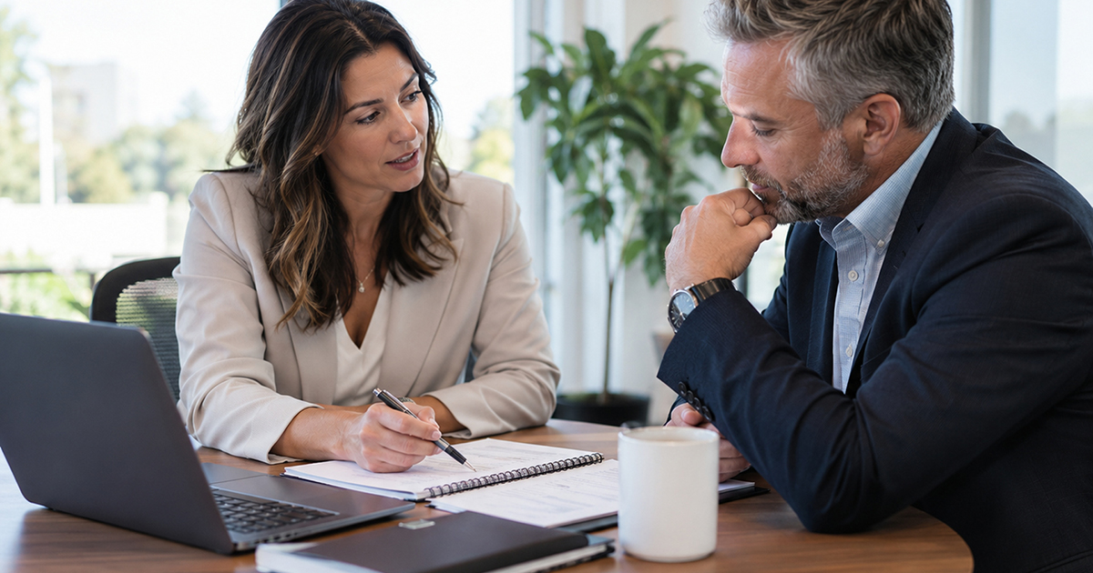 Business consultant meeting with a prospective client to discuss needs, priorities, and next steps.