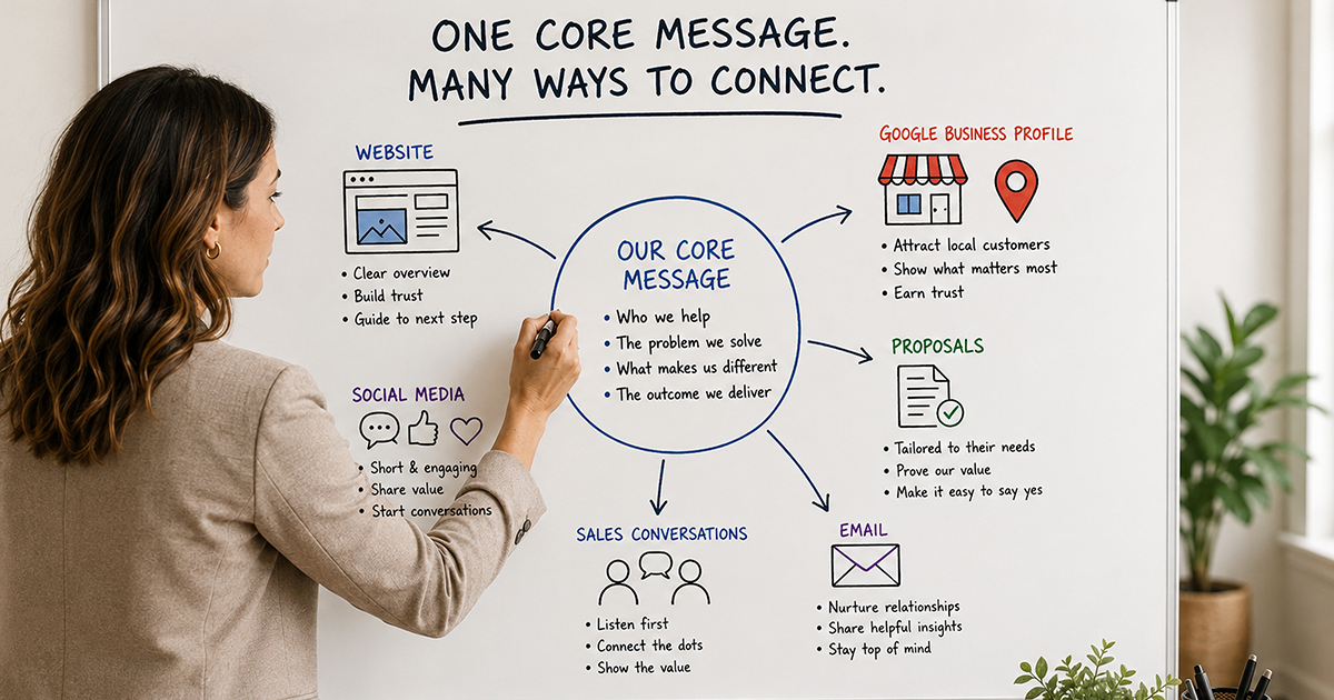 Woman mapping a small business core messaging strategy on a whiteboard with website, social media, Google Business Profile, email, proposals, and sales channels.