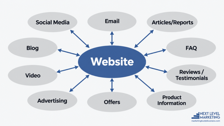 Website hub diagram showing social media, email, blogs, video, advertising, offers, product information, reviews, FAQs, and articles connected to a central website.