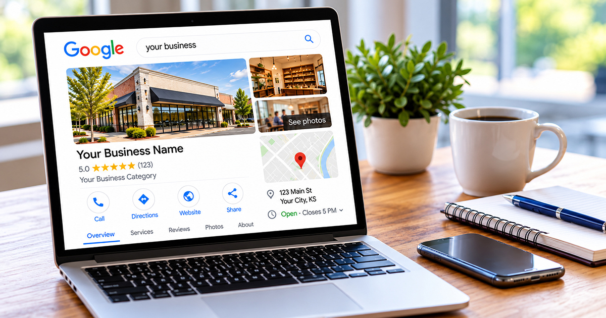 Laptop displaying a Google Business Profile with business information, reviews, photos, website link, directions, and hours.