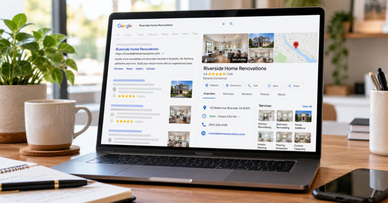 Laptop displaying a Google Business Profile with business details, services, reviews, photos, contact options, and map information.