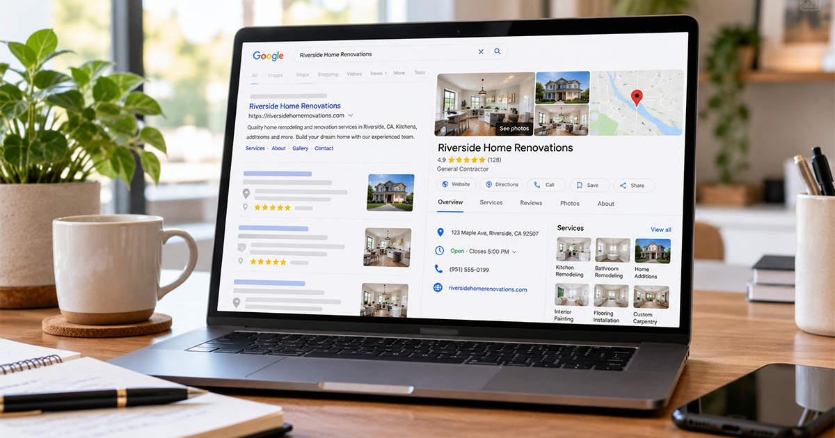Laptop displaying a Google Business Profile with business details, services, reviews, photos, contact options, and map information.