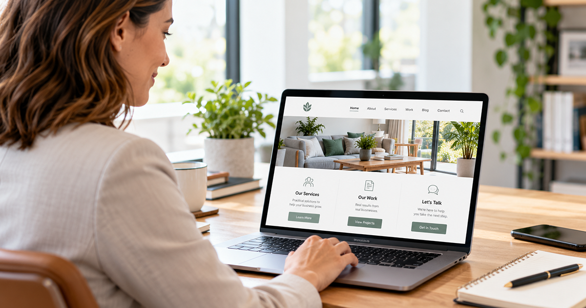 Business owner using a laptop to navigate a clear, organized small business website with simple menus and service information.