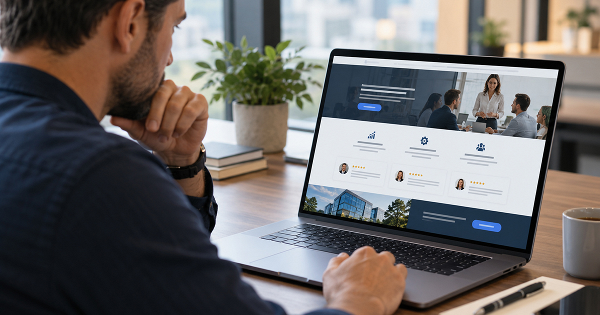 Business owner reviewing a company website and evaluating its services, proof, and calls to action.